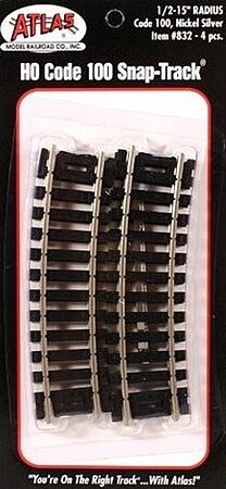 Curved Snap-Track(R) 1/2 Section 15'' Radius -- HO Scale Nickel Silver Model Train Track -- #832